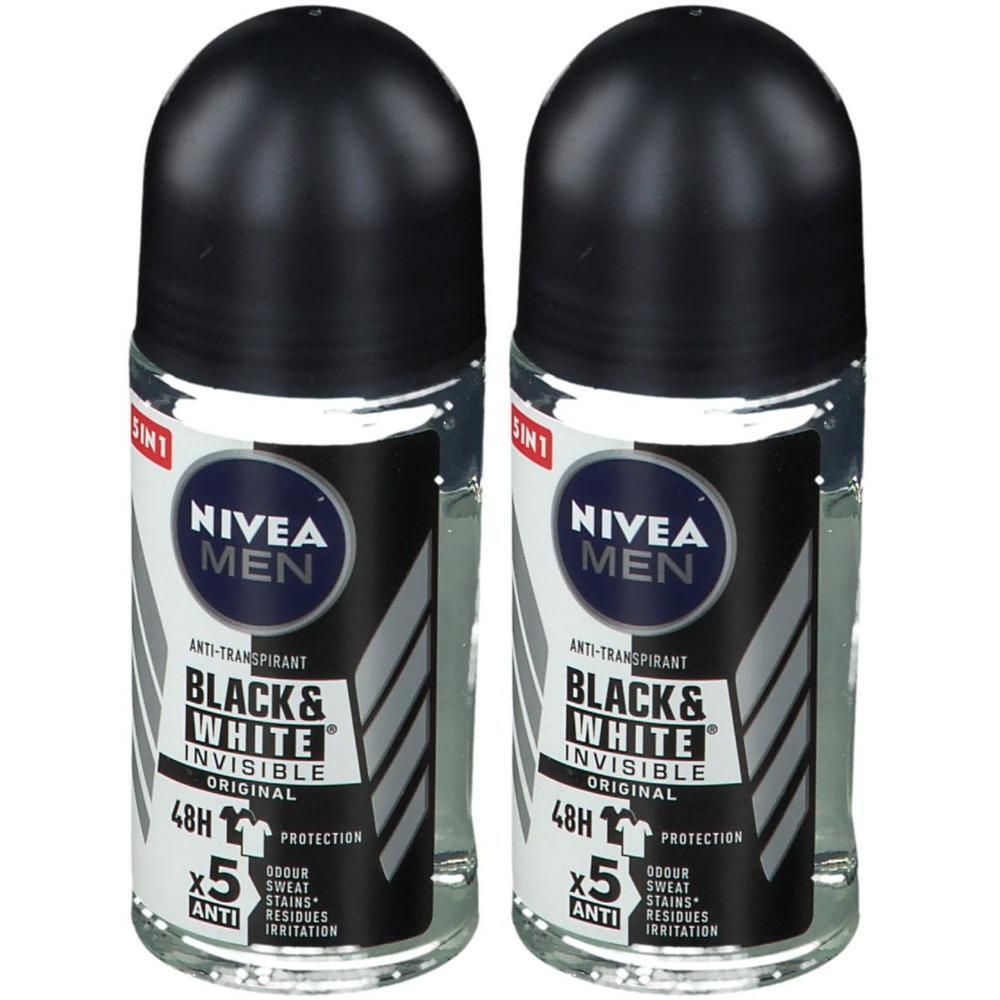 Twee roll-on deodorants met zwarte dop. Opschrift: Nivea Men Black & White Invisible Original 48h. Anti-vlekken, anti-irritatie.