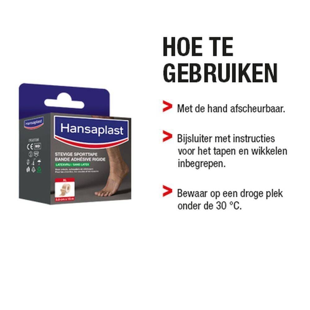 Verpakking Hansaplast Sporttape. Beige, 3,8 cm x 15 m. Instructies: met de hand afscheurbaar, instructies inbegrepen, droog bewaren.