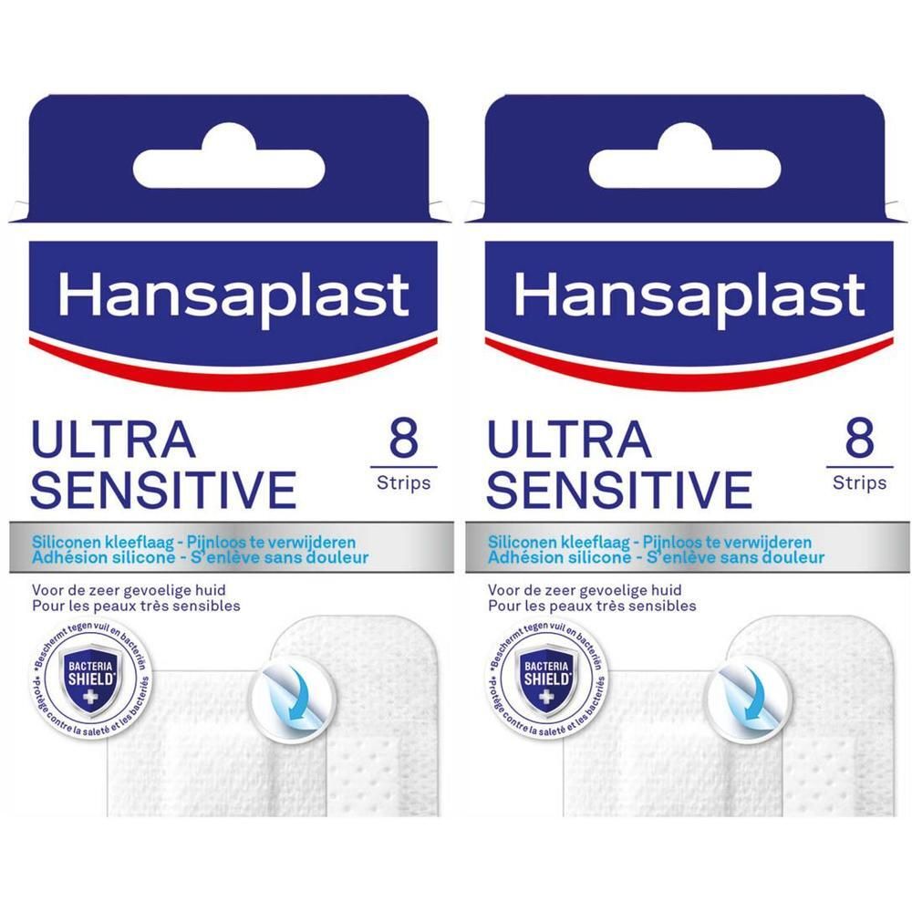 Twee verpakkingen Hansaplast Ultra Sensitive pleisters. Elke verpakking bevat 8 pleisters. Opschrift: Adhésion silicone - S'enlève sans douleur.