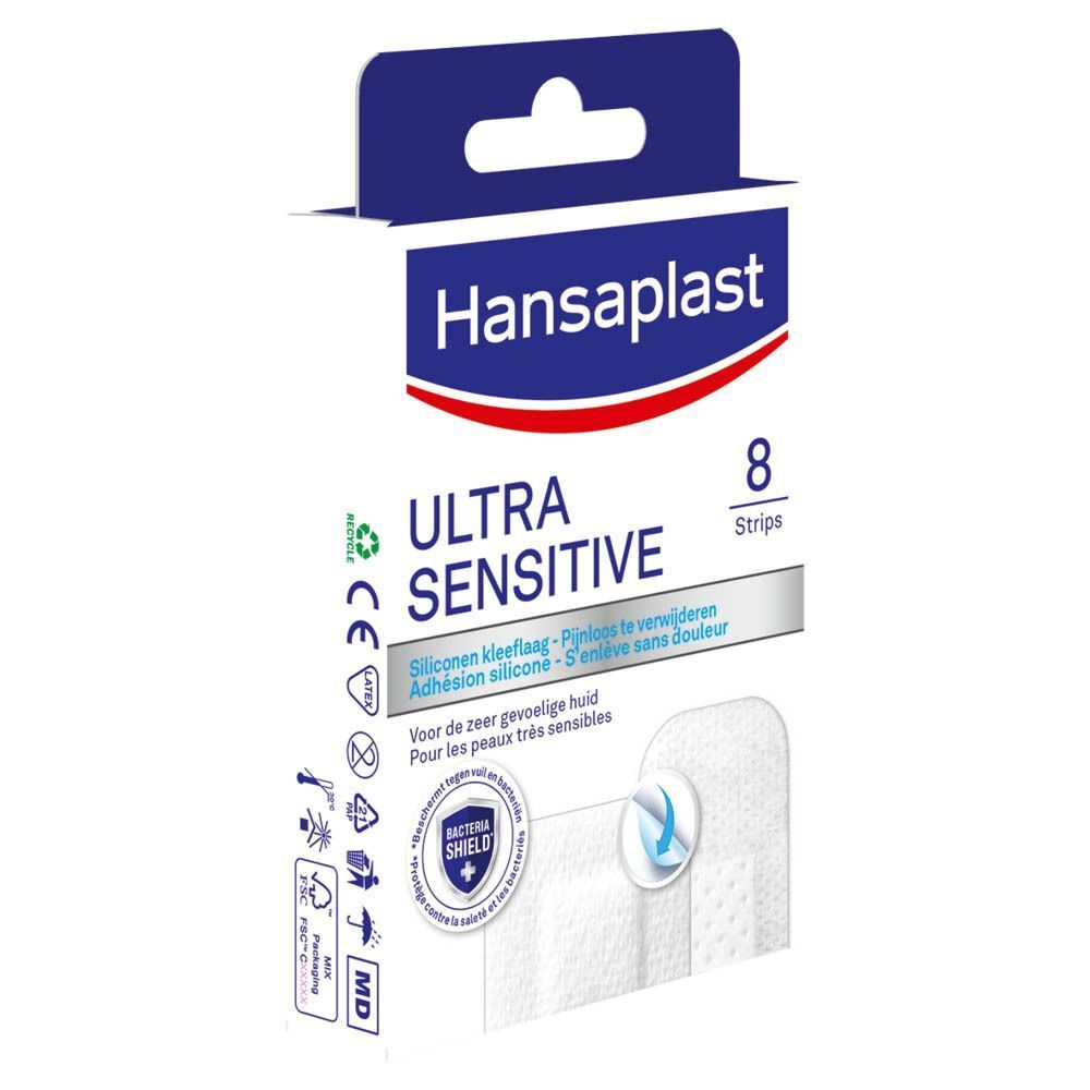 Verpakking Hansaplast Ultra Sensitive pleisters. Bevat 8 pleisters. Opschrift: Adhésion silicone - S'enlève sans douleur. Met CE-markering.
