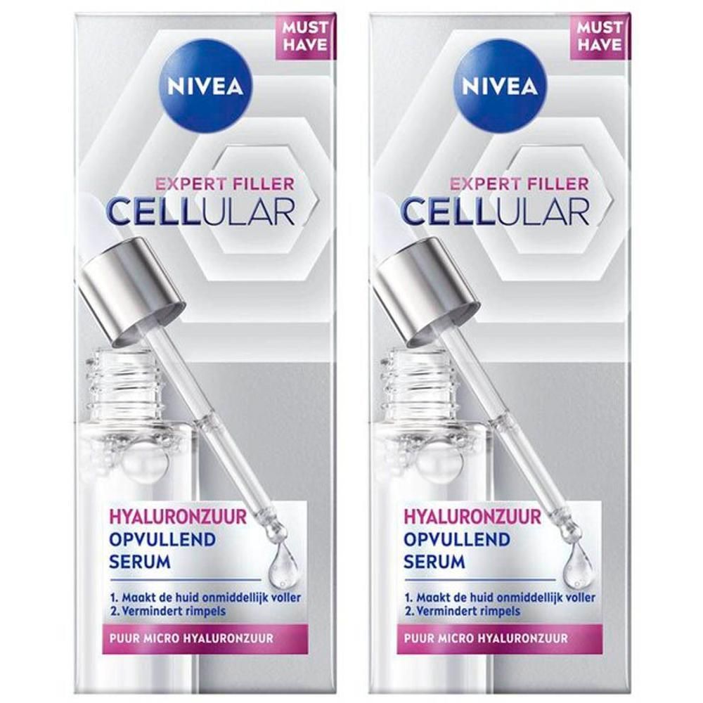 Twee flacons NIVEA Expert Filler Cellular Serum. Glazen flacons met pipet, in kartonnen verpakking. Tekst: Hyaluronzuur Serum.