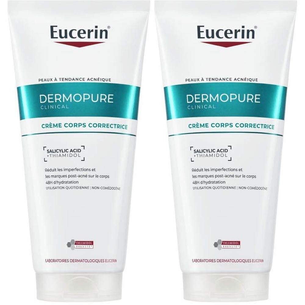 Deux tubes de crème Eucerin DERMOPURE CLINICAL Crème Corps Correctrice. Tubes blancs, texte vert et bleu.