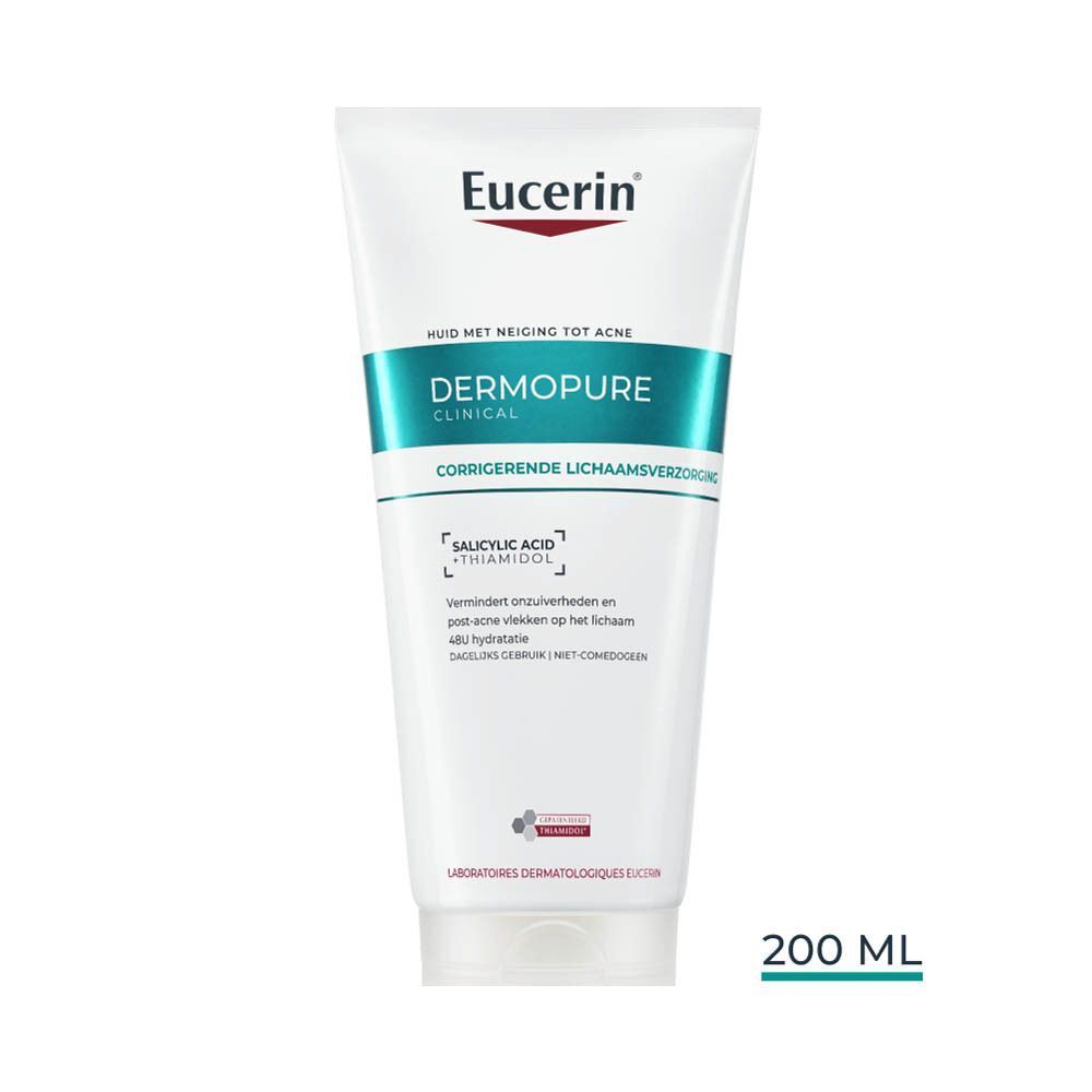 Tube Eucerin DERMOPURE CLINICAL Corrigerende Lichaamsverzorging. Witte tube met groene en blauwe tekst. 200 ml.