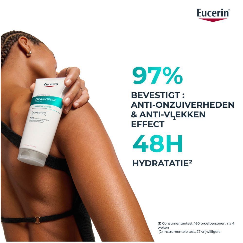 Vrouw met tube. Tekst: 97% bevestigt anti-onzuiverheden & anti-vlekken effect. 48H hydratatie.