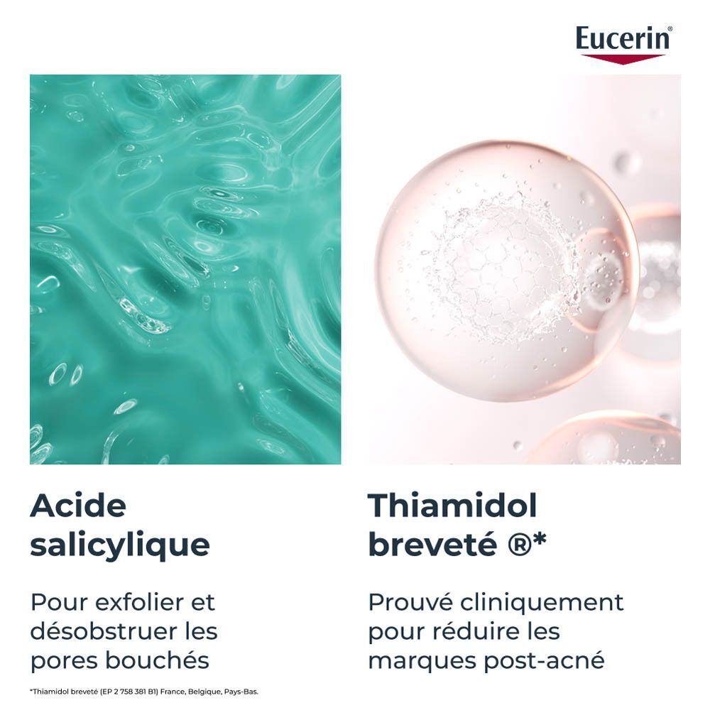 Gros plan sur acide salicylique et Thiamidol. Texte: Pour exfolier et désencombrer les pores bouchés.