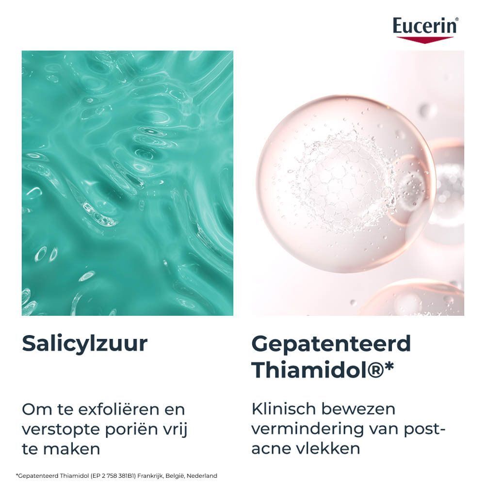 Close-up van Salicylzuur en Gepatenteerd Thiamidol. Tekst: Om te exfoliëren en verstopte poriën vrij te maken.