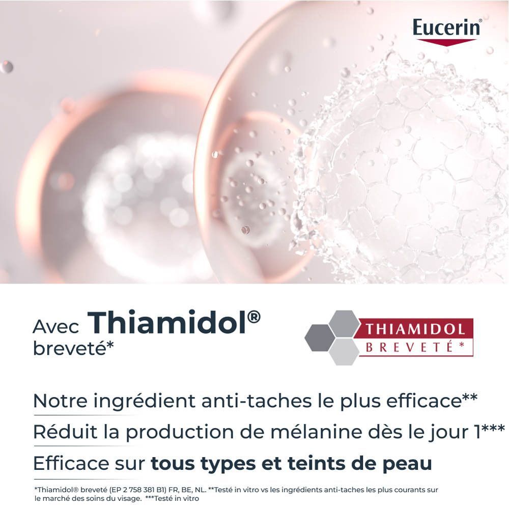 Gros plan sur Thiamidol. Texte: Notre ingrédient anti-taches le plus efficace. Efficace sur tous types et teints de peau.