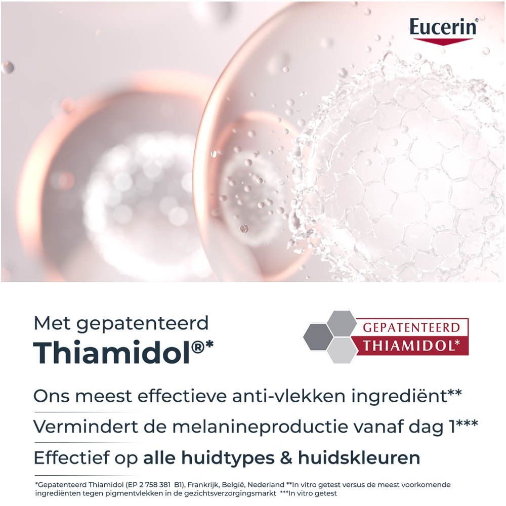 Close-up van Gepatenteerd Thiamidol. Tekst: Ons meest effectieve anti-vlekken ingrediënt. Effectief op alle huidtypes.