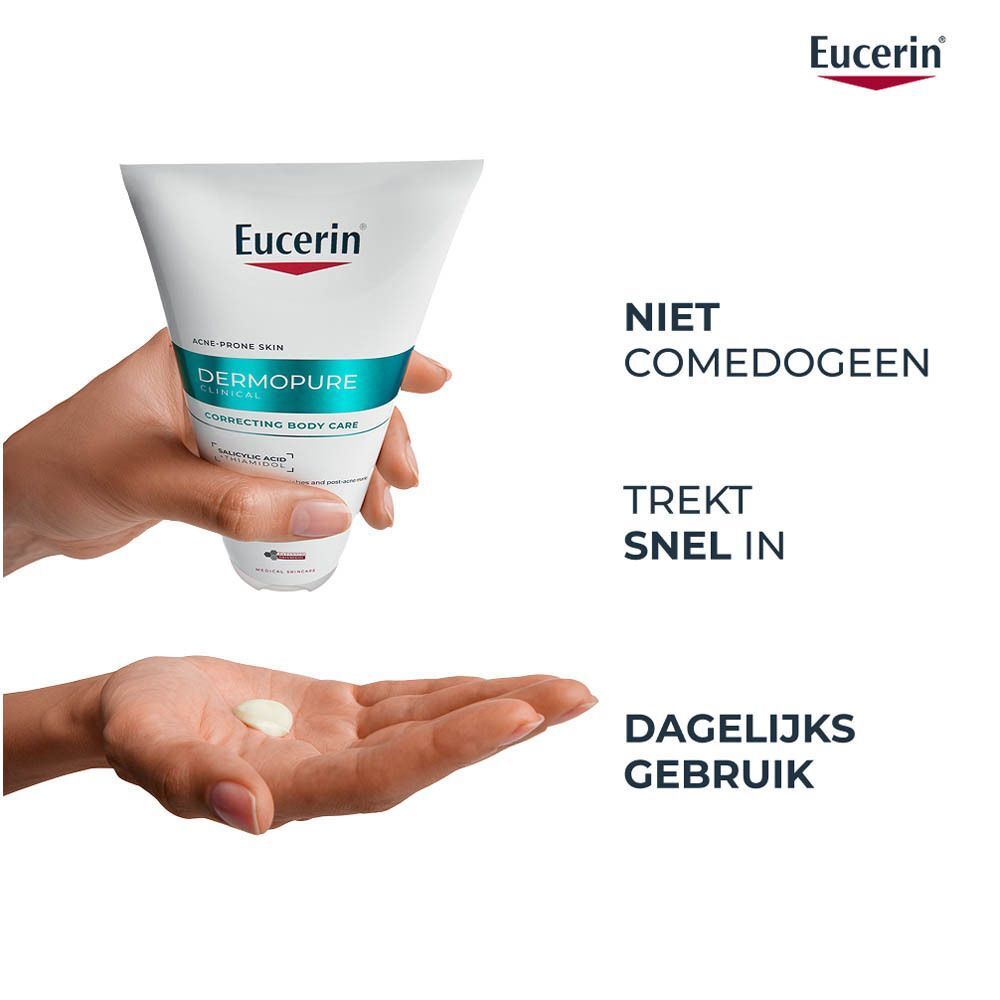 Hand met crème. Tekst: Niet comedogeen, trekt snel in, dagelijks gebruik.