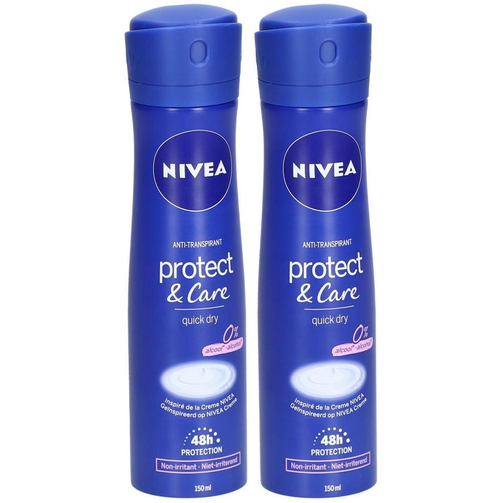 Deux sprays déodorants bleus. Inscription : NIVEA, Protect & Care, 48h Protection. Avec bouchon et tête de pulvérisation bleus. 150ml.