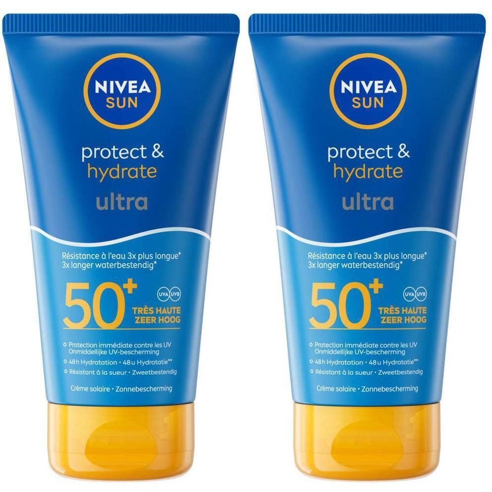 Deux tubes bleus avec bouchons jaunes. Inscription: Nivea Sun Protect & Hydrate Ultra SPF50+.