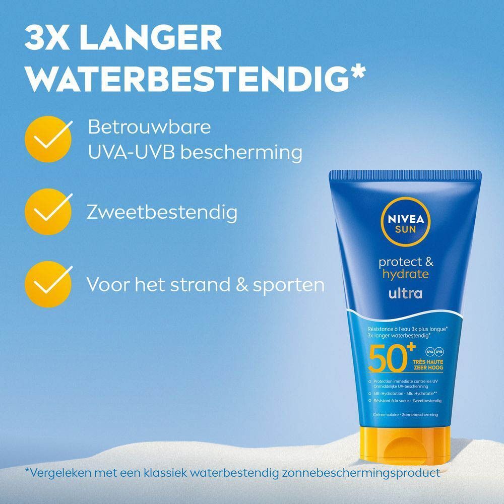 Drie producten naast elkaar. Nivea Sun UV Face, Nivea Sun Protect & Hydrate Ultra, After Sun Hydrate.