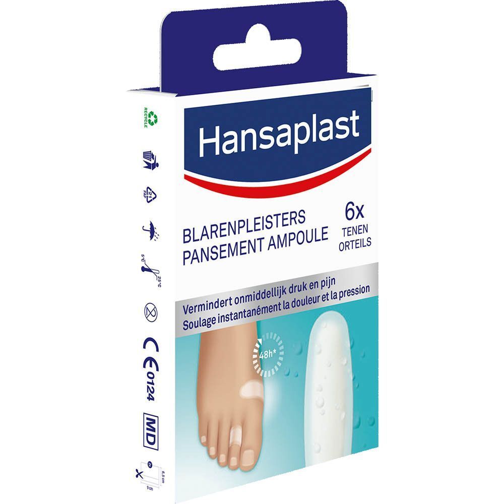 Verpakking Hansaplast blarenpleisters. Bevat 6 pleisters. Tekst: Blarenpleisters, Pansement Ampoule. CE-markering.
