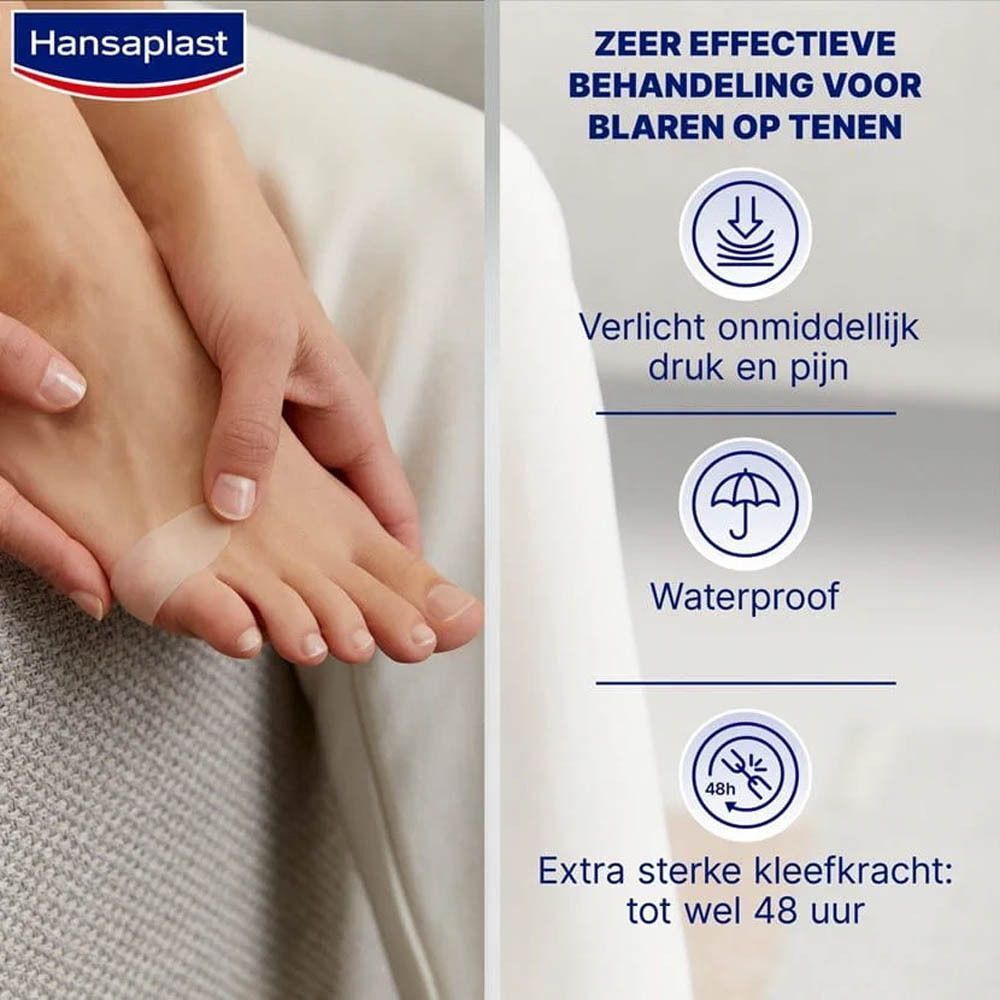 Voet met pleister. Tekst: Zeer effectieve behandeling voor blaren op tenen. Directe verlichting. Waterdicht.