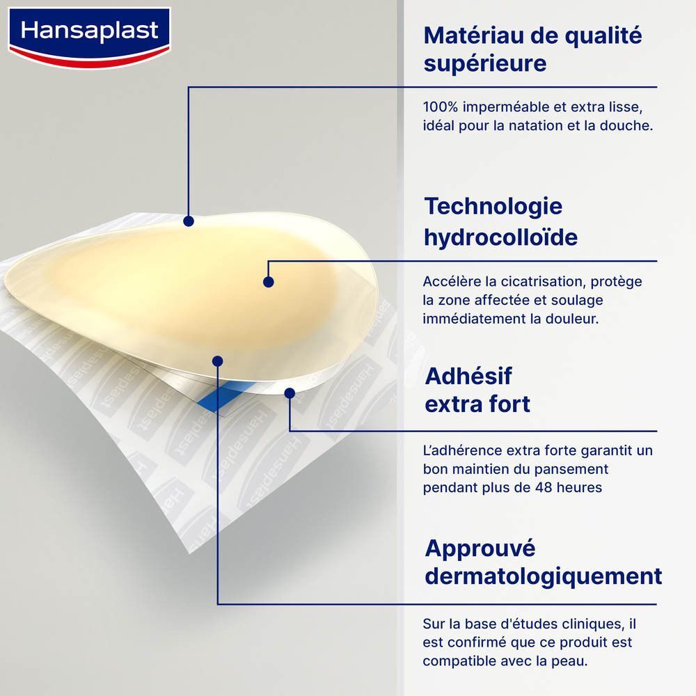 Pansement avec texte: Matériau supérieur, imperméable, hydrocolloïde, adhésif extra fort, testé dermatologiquement.