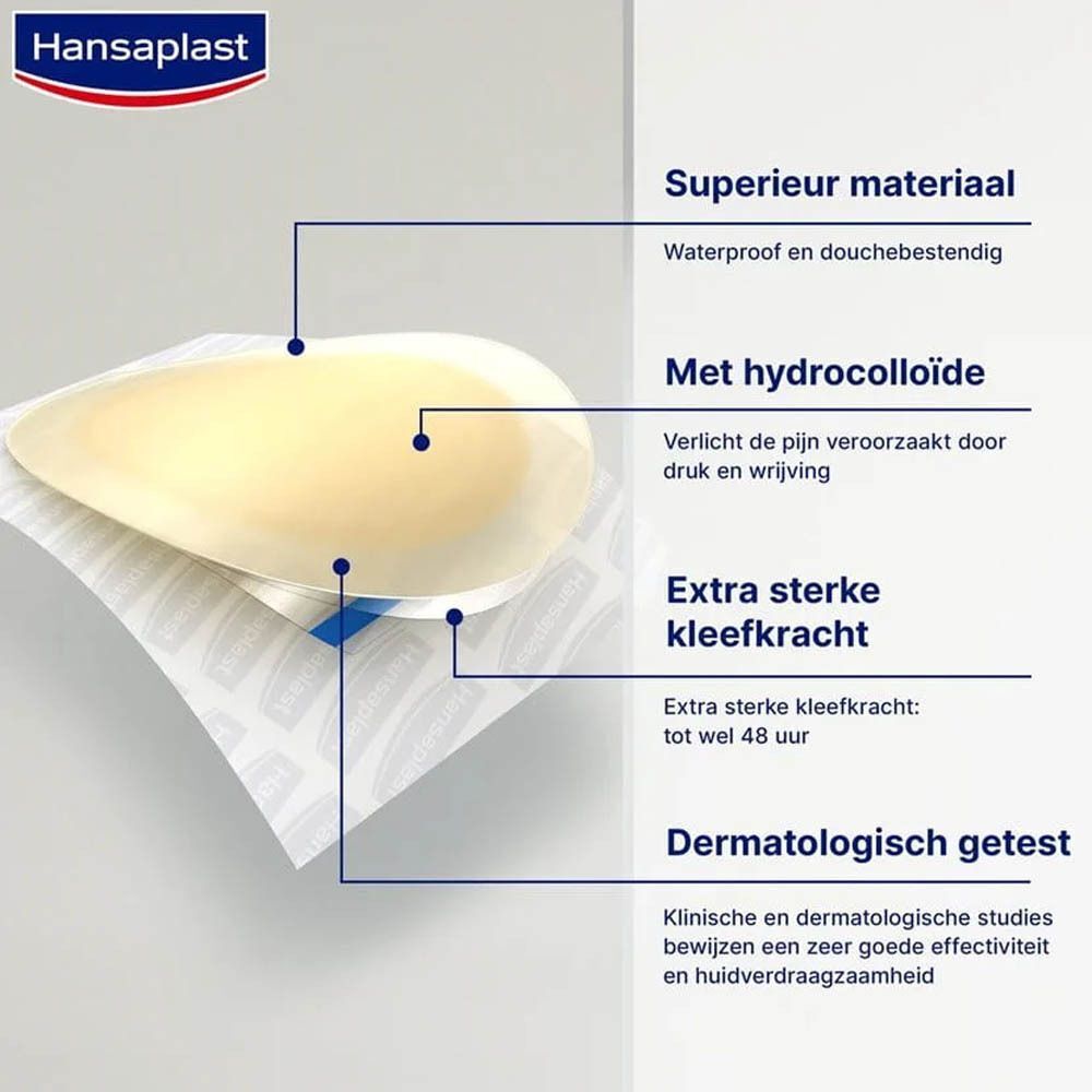 Pleister met tekst: Superieur materiaal, waterdicht, hydrocolloïde, extra sterke kleefkracht, dermatologisch getest.