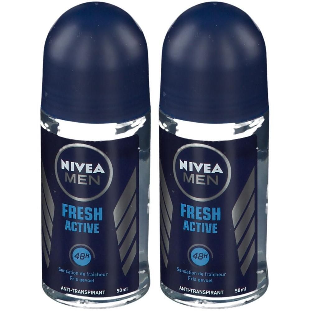 Twee roll-on deodorants. Blauwe dop, transparante fles met etiket. Opschrift: NIVEA MEN, FRESH ACTIVE, 48H, Anti-transpirant.