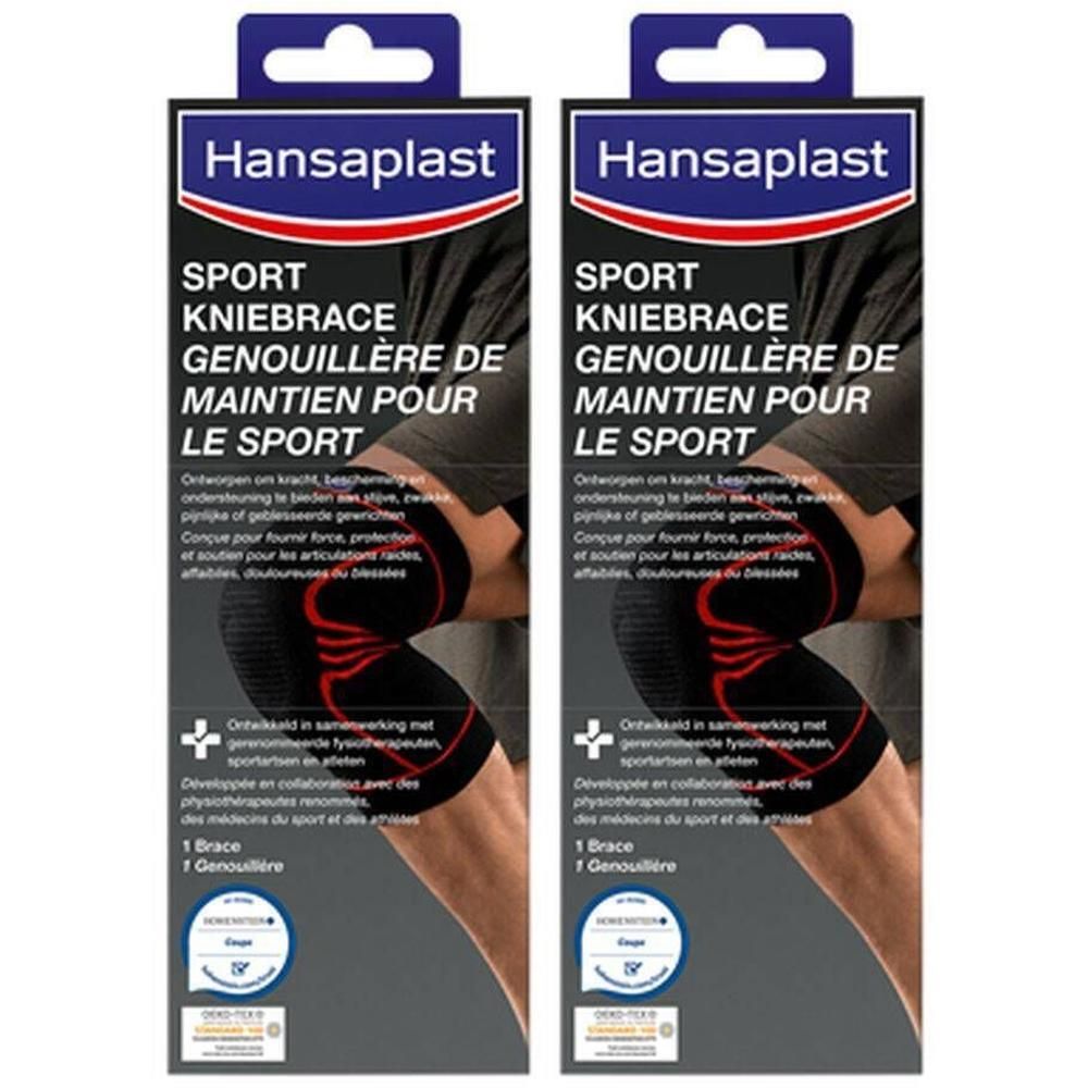Twee verpakkingen Hansaplast Sport kniebrace. Zwarte brace met rode accenten. Tekst: Sport Kniebrace, Genouillère de Maintien pour le Sport.