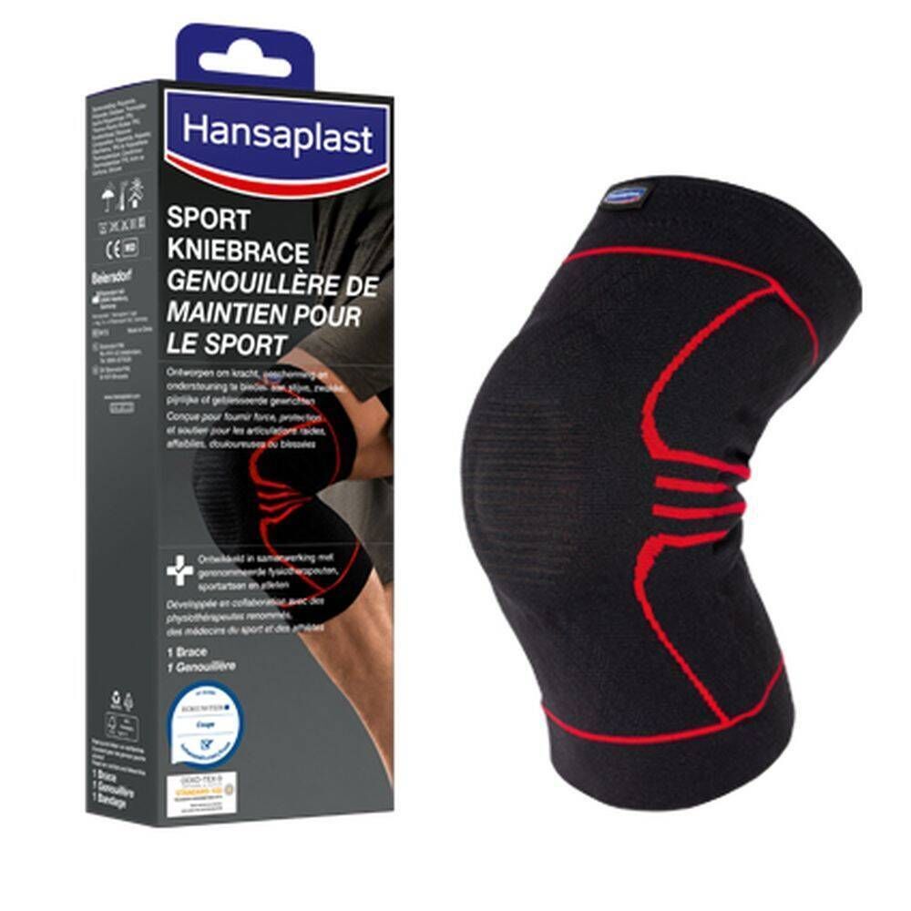 Hansaplast Sport kniebrace en verpakking. Zwarte brace met rode details. Tekst: Sport Kniebrace, Genouillère de Maintien pour le Sport.