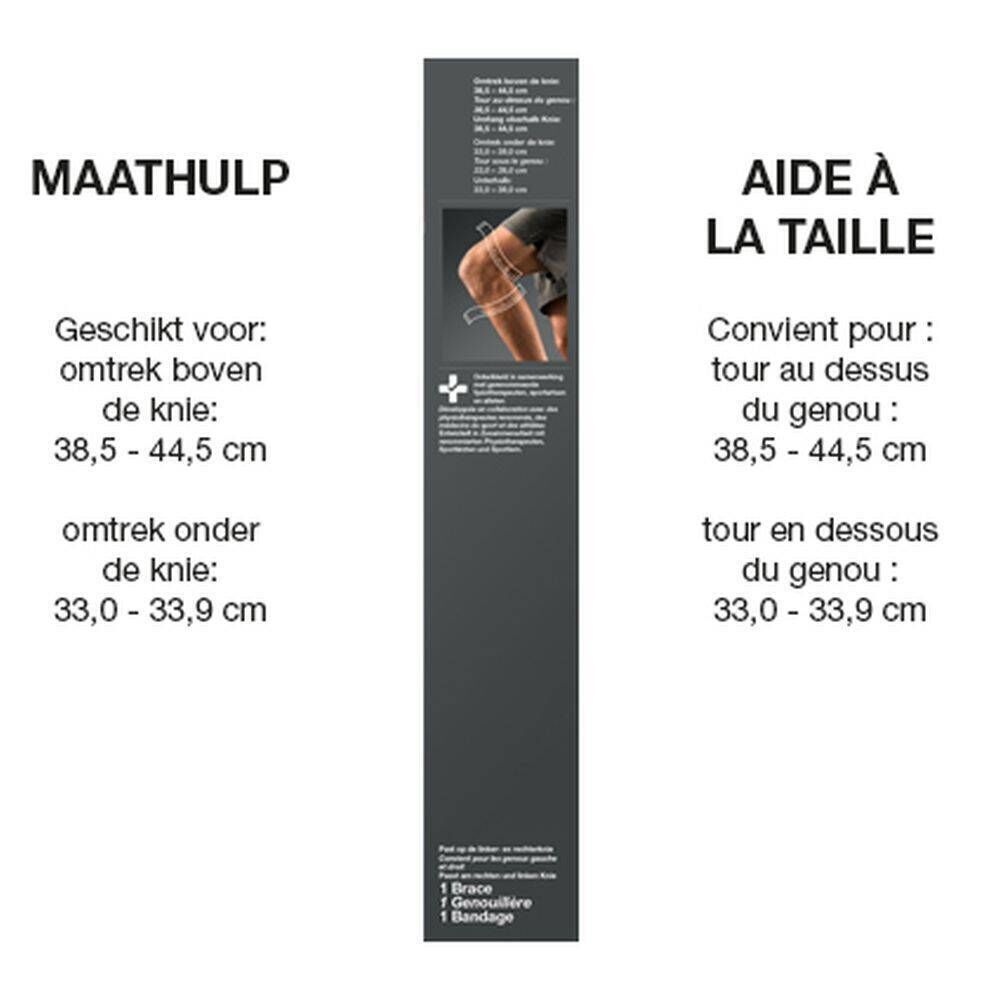 Tableau des tailles pour la genouillère Hansaplast Sport. Mesures en cm. Texte: Maathulp, Aide à la taille. 1 Brace, 1 Genouillère, 1 Bandage.