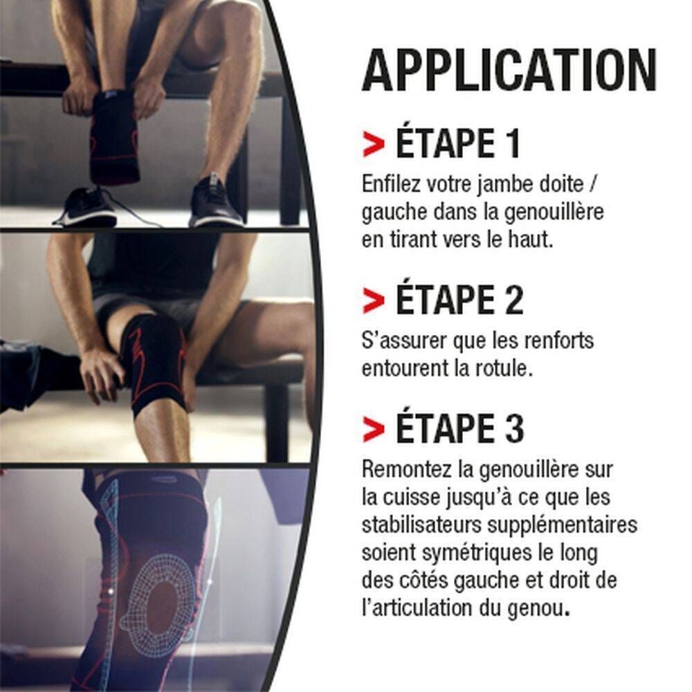 Instructions d'utilisation de la genouillère Hansaplast Sport. Illustrations des étapes d'application. Texte: APPLICATION, ÉTAPE 1, ÉTAPE 2, ÉTAPE 3.