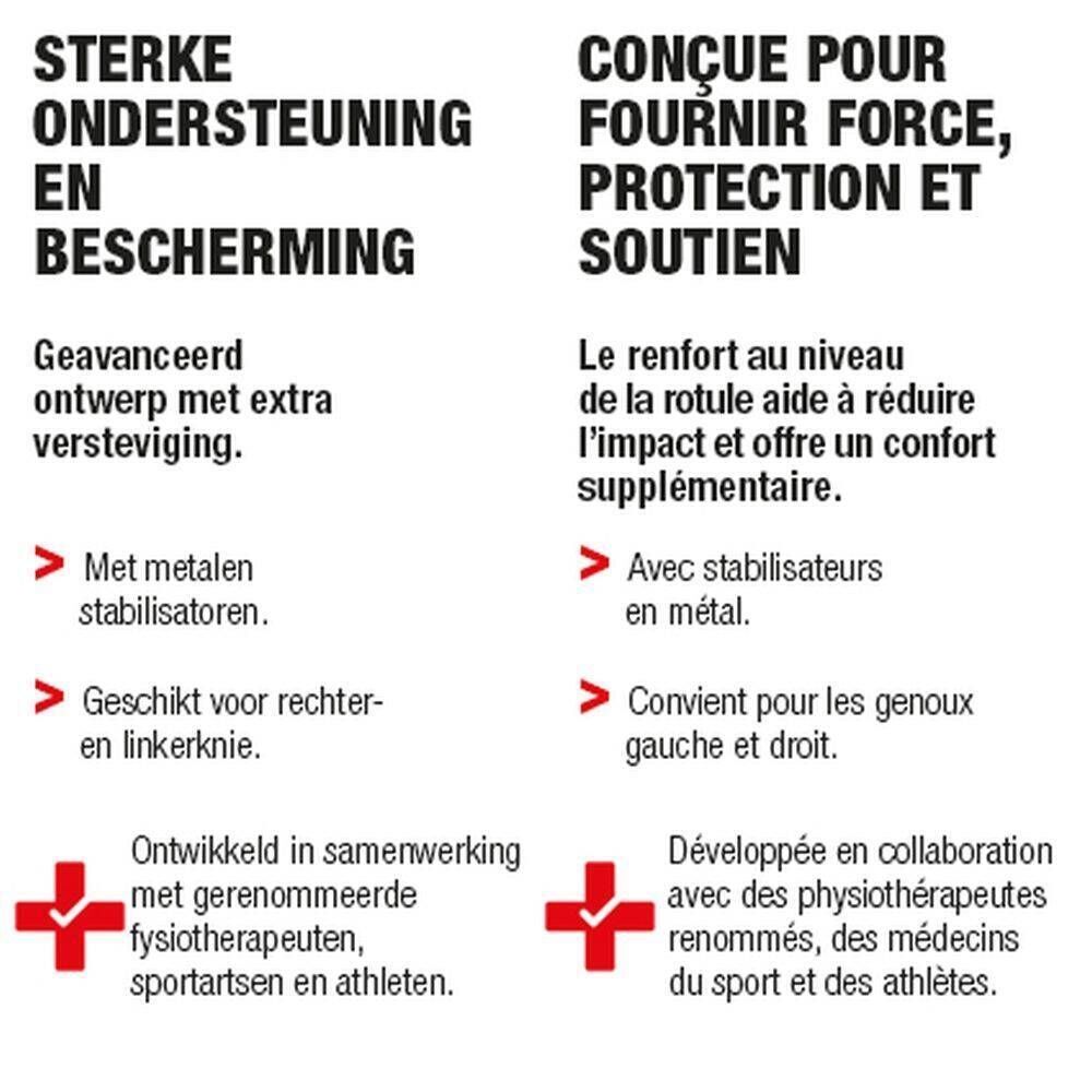 Informatie over de Hansaplast Sport kniebrace. Tekst: STERKE ONDERSTEUNING EN BESCHERMING, CONÇUE POUR FOURNIR FORCE, PROTECTION ET SOUTIEN.