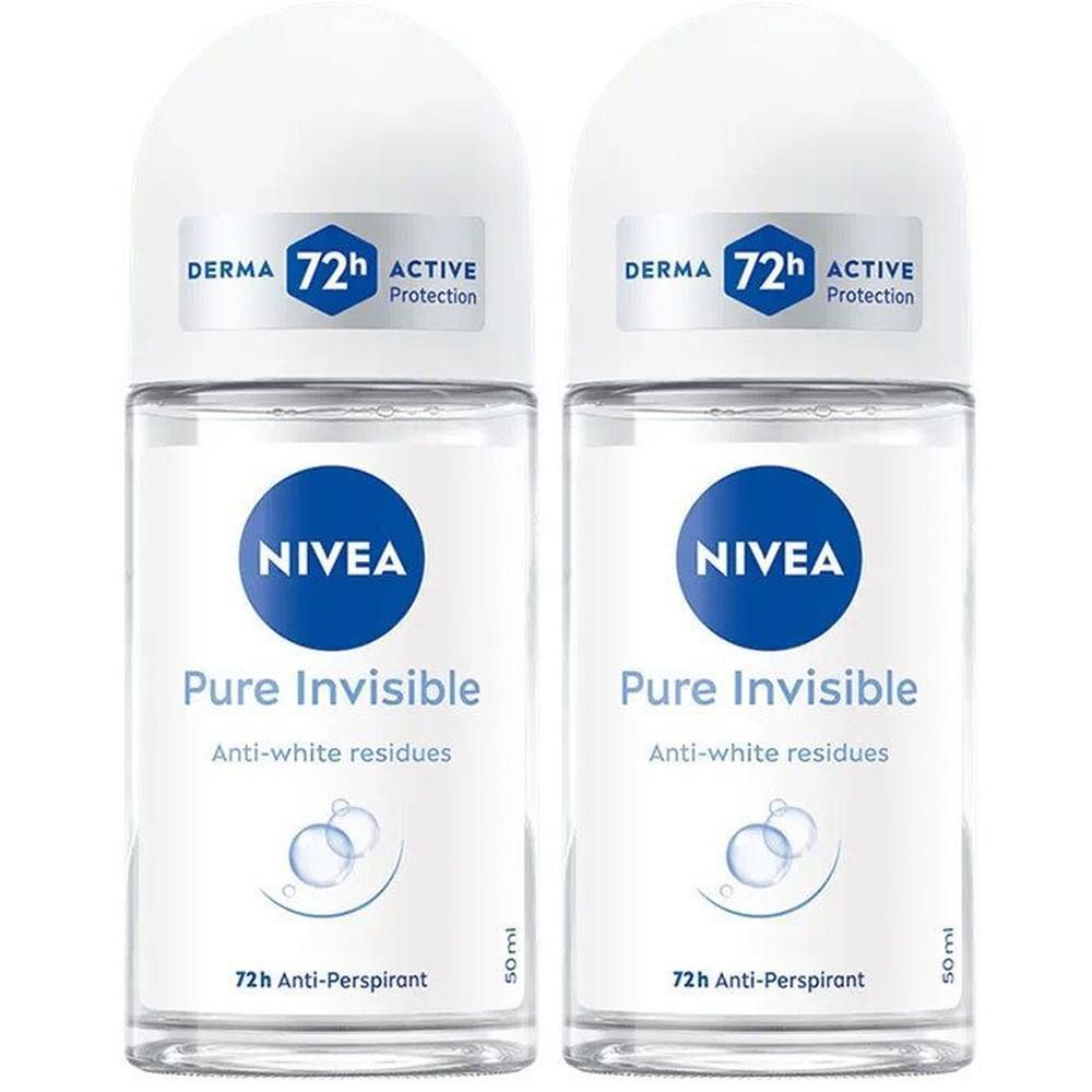 Twee roll-on deodorants. Opschrift: NIVEA Pure Invisible, 72h Anti-transpirant. Met Derma-zegel.