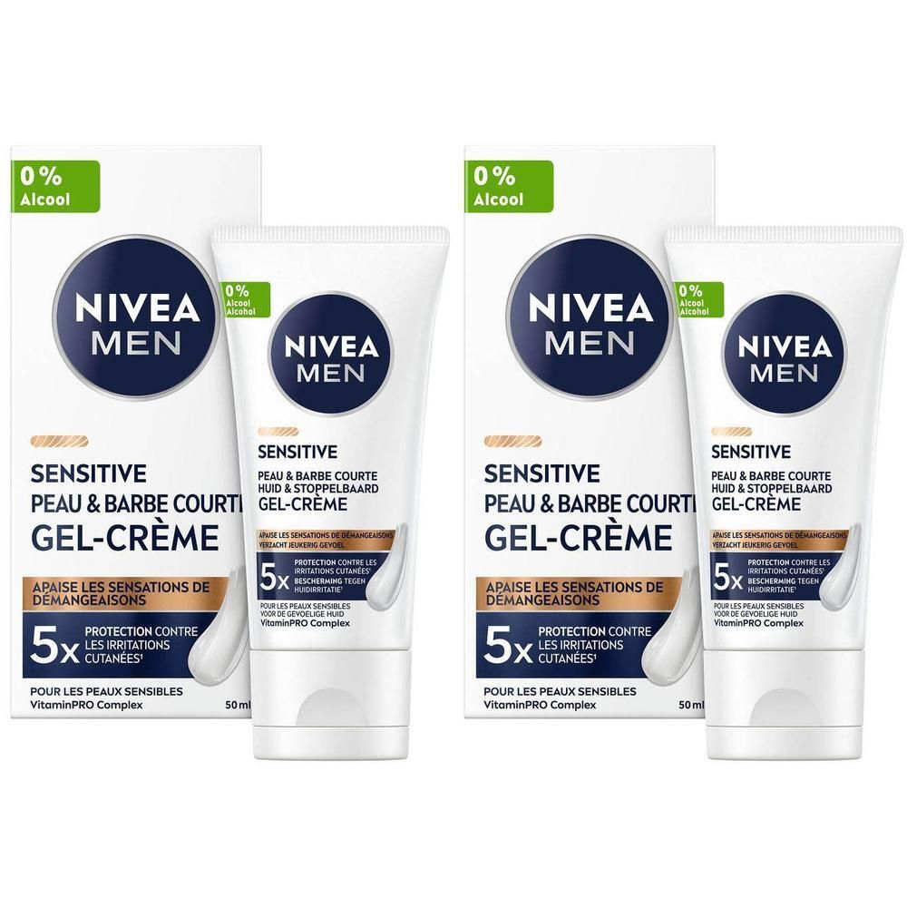 Twee verpakkingen NIVEA MEN Gel-Crème Visage Peau Sensible & Barbe Courte. Witte tubes en verpakking met blauwe tekst.