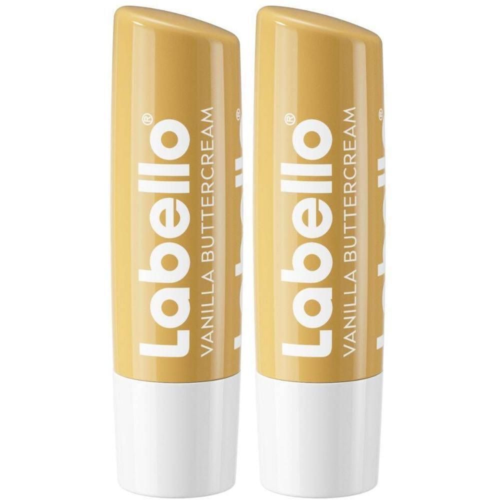 Twee Labello Vanilla Buttercream lippenstiften. Gele hulzen met witte bodem. Opschrift Labello en Vanilla Buttercream.