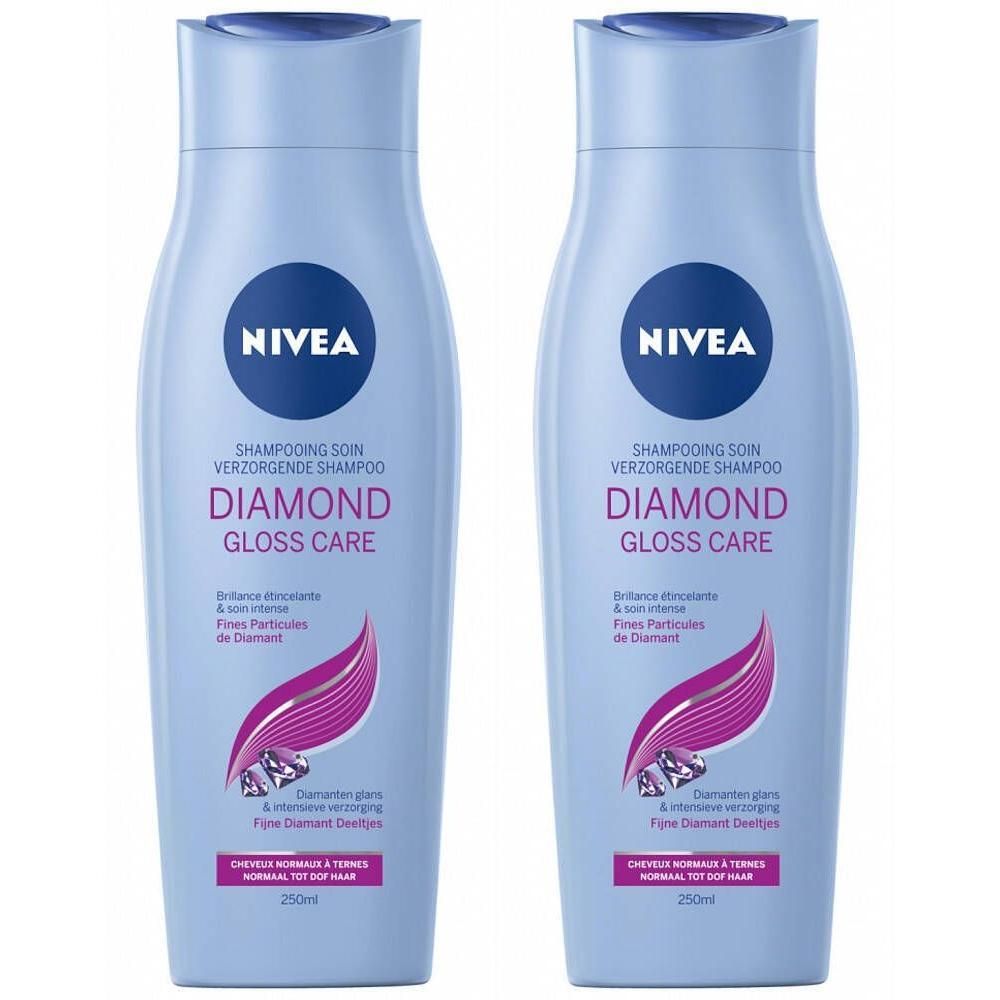 Deux flacons de shampooing bleu clair. Inscription : NIVEA, Diamond Gloss Care. Avec illustrations et texte en français.