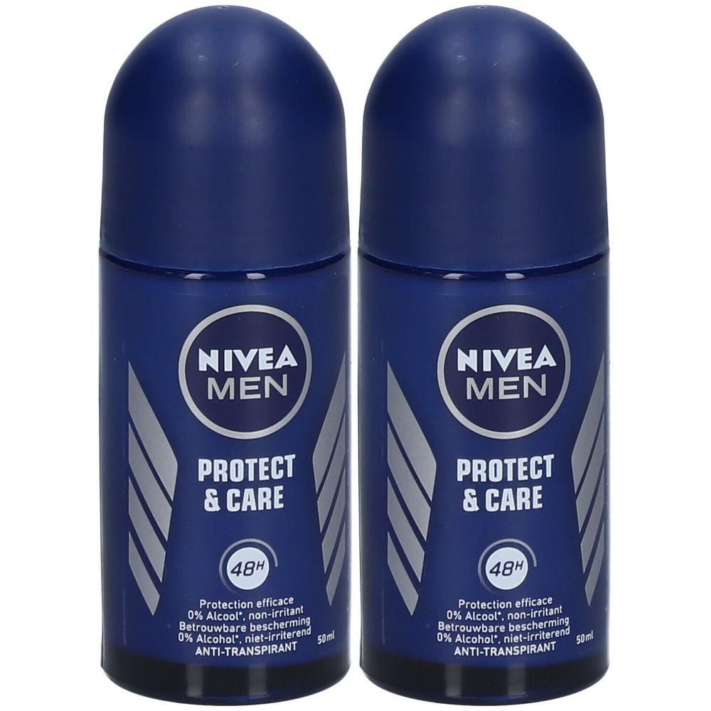 Deux déodorants roll-on bleus. Inscription : NIVEA MEN PROTECT & CARE 48H. Informations sur la protection et les ingrédients.