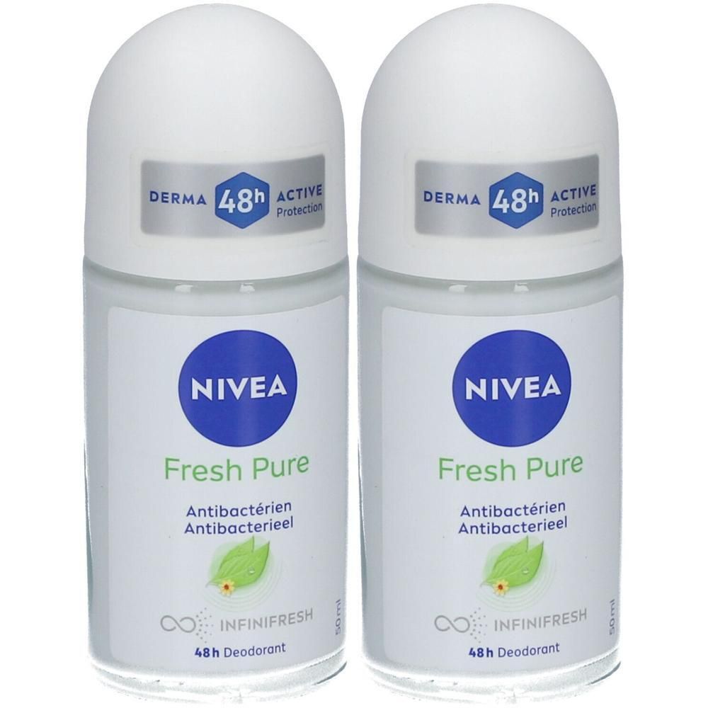 Deux déodorants roll-on. Récipient blanc avec logo bleu Nivea et texte "Fresh Pure". Contient "48h Déodorant".