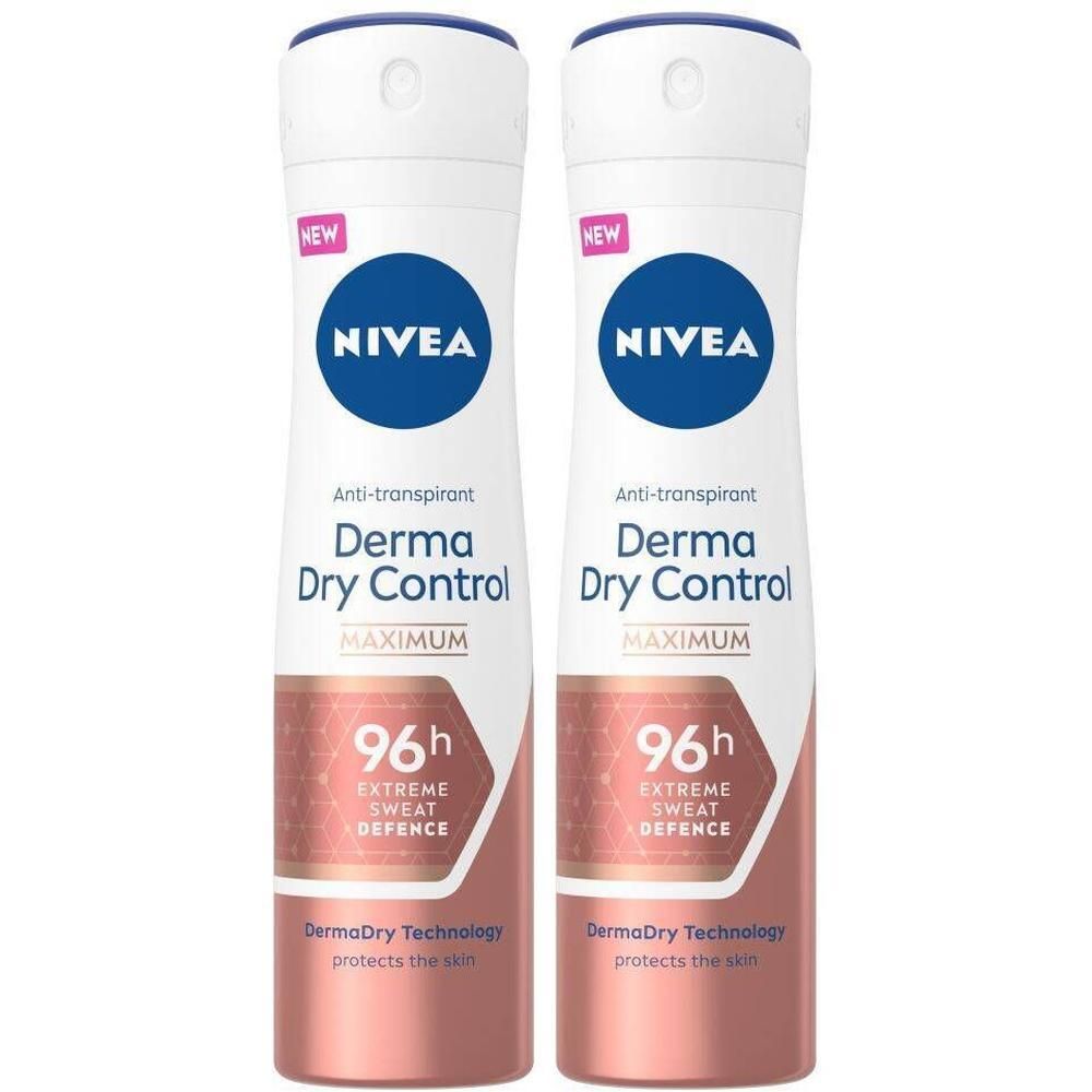 Deux sprays blancs avec bouchons bleus. Inscription : NIVEA, Derma Dry Control, MAXIMUM, 96h Extreme Sweat Defence.