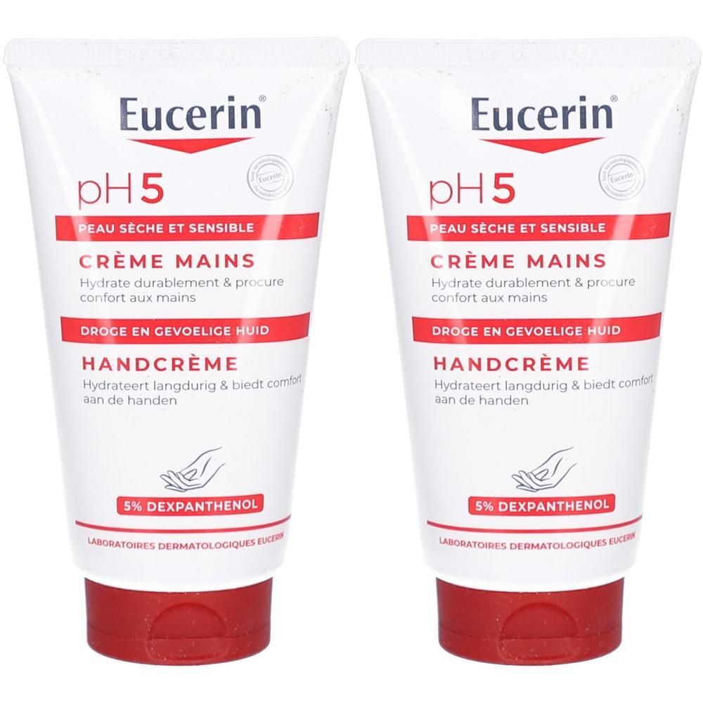 Deux tubes de crème pour les mains. Blanc avec texte rouge et bouchon rouge. Inscription: Eucerin pH5, Crème Mains, Handcrème.