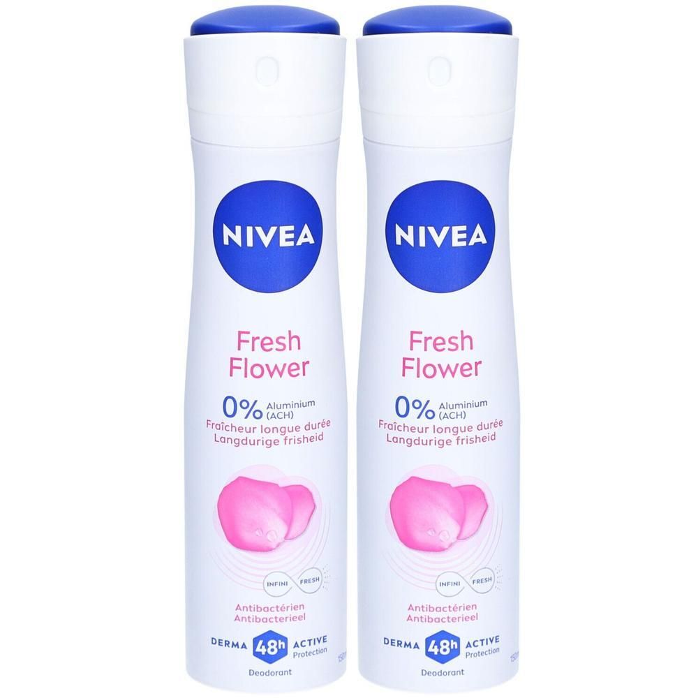 Twee witte deodorant sprays met blauwe dop. Opschrift NIVEA, Fresh Flower, 0% Aluminium. Roze bloemen illustratie.
