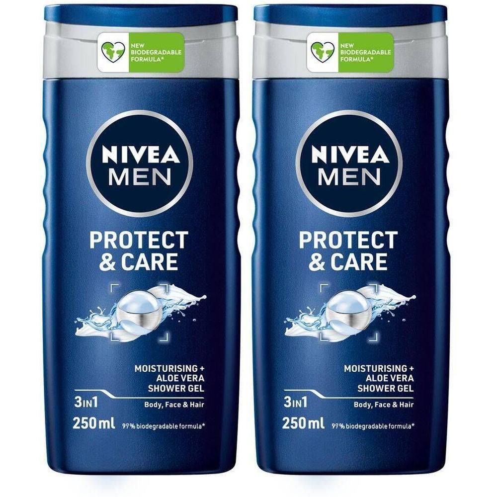 Twee blauwe douchegelflessen. Opschrift: Nivea Men Protect & Care, 3in1, 250ml. Met Aloe Vera. Label: New Biodegradable Formula.