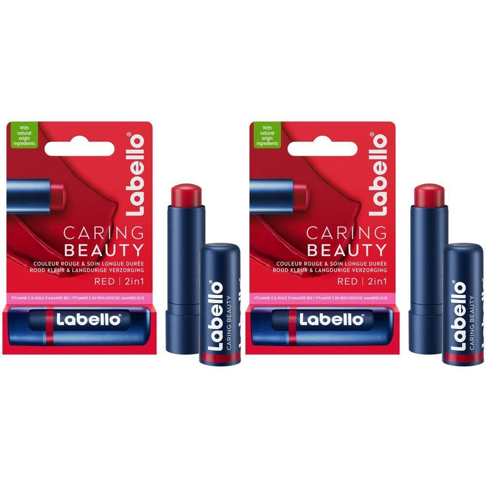 Twee rode en blauwe lippenstiften, naast rode verpakking met productnaam en logo.