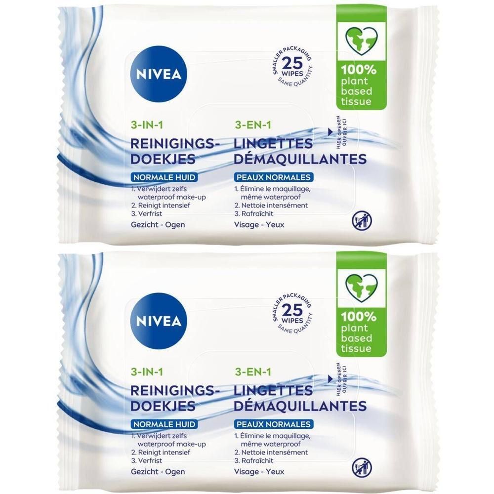 Deux paquets blancs de lingettes NIVEA. Inscription : 3-en-1, 25 lingettes, pour peaux normales. Logo végétal.