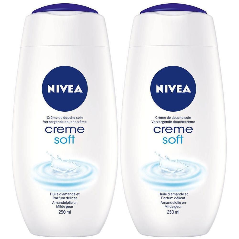 Twee witte flessen Nivea Creme Soft Crème de Douche. Blauwe doppen en logo's. Tekst: Crème de Douche soin, creme soft, 250 ml.