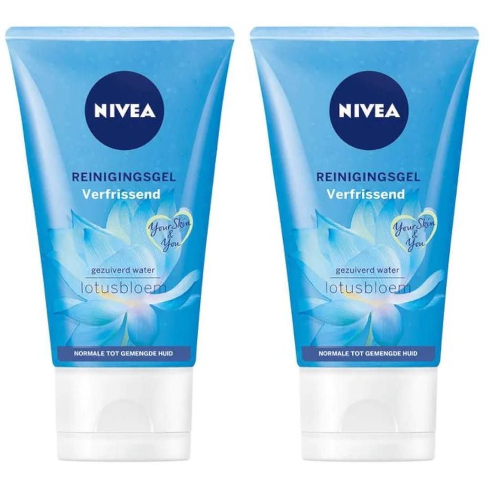 Deux tubes bleus de gel nettoyant NIVEA. Inscription : Reinigingsgel Verfrissend, fleur de lotus. Pour peaux normales à mixtes.