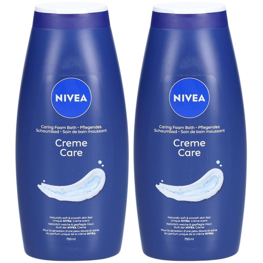 Deux flacons bleus de Nivea Crème Care Crème de Bain. Inscription : NIVEA, Creme Care. 750ml. Bouchon blanc. Forme arrondie.