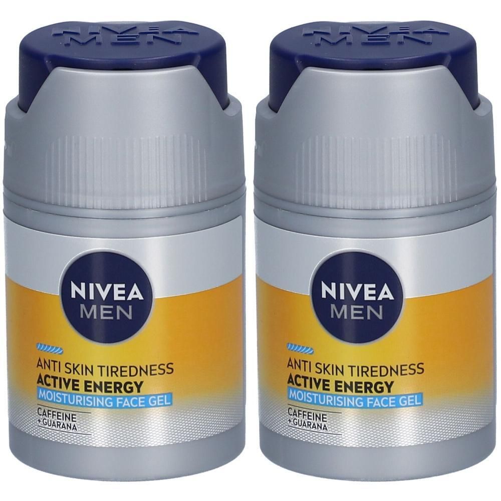 Deux flacons de gel visage hydratant NIVEA MEN Active Energy. Récipients gris avec couvercle bleu et étiquette jaune. Texte : Anti Skin Tiredness.