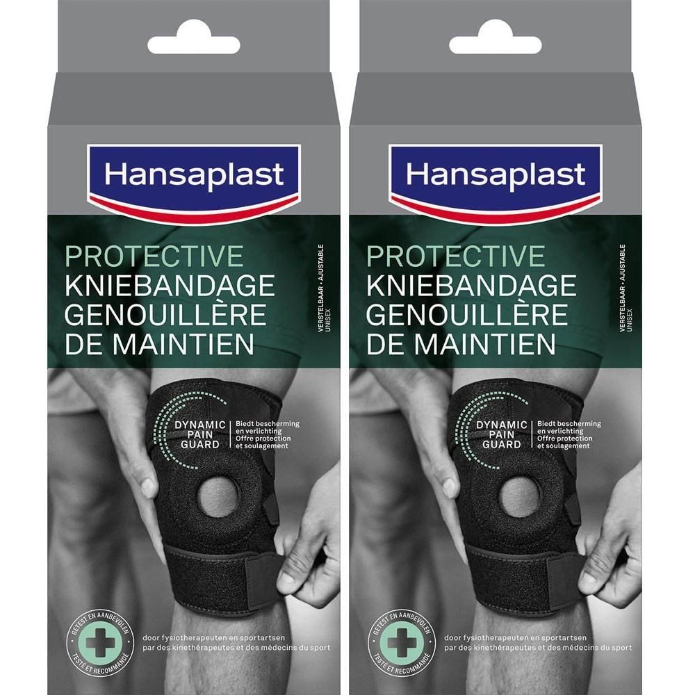 Twee verpakkingen kniebeschermers. Zwarte bandage met gat, merk Hansaplast. Tekst: PROTECTIVE KNIEBANDAGE GENOUILLÈRE DE MAINTIEN.