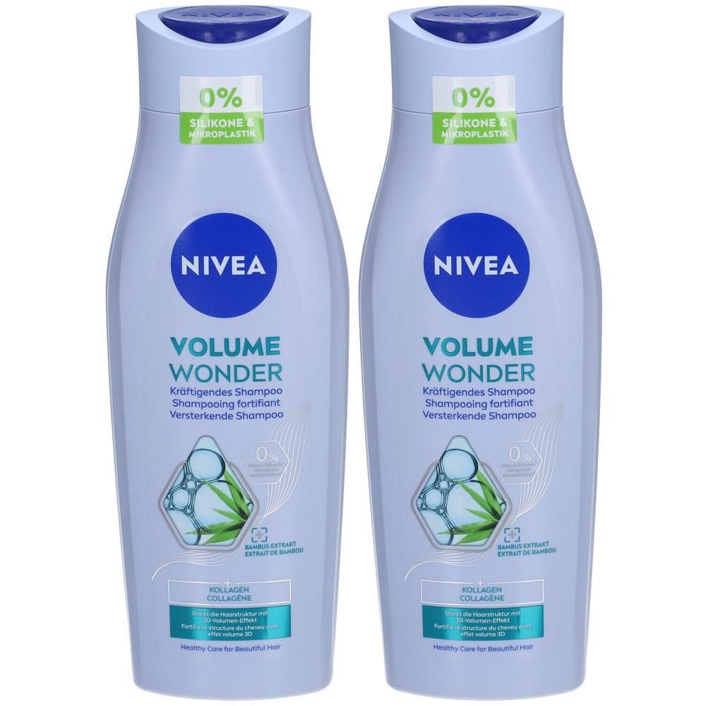 Deux flacons de shampooing Nivea Volume Wonder. Flacons bleu clair avec bouchon bleu. Texte : Volume Wonder, 0% silicone.