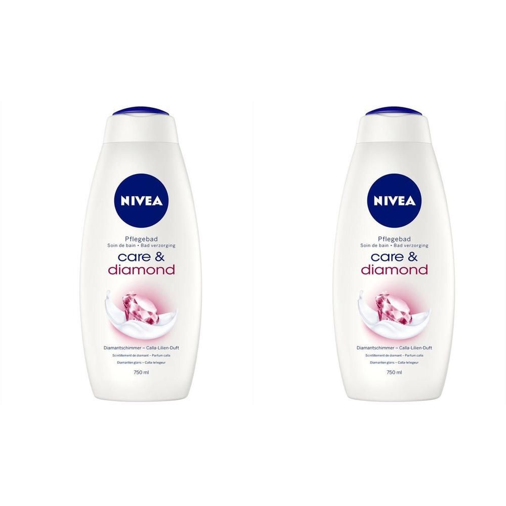 Deux flacons blancs avec bouchon bleu. Inscription NIVEA, Bain de soin, care & diamond. Représentation d'un diamant.