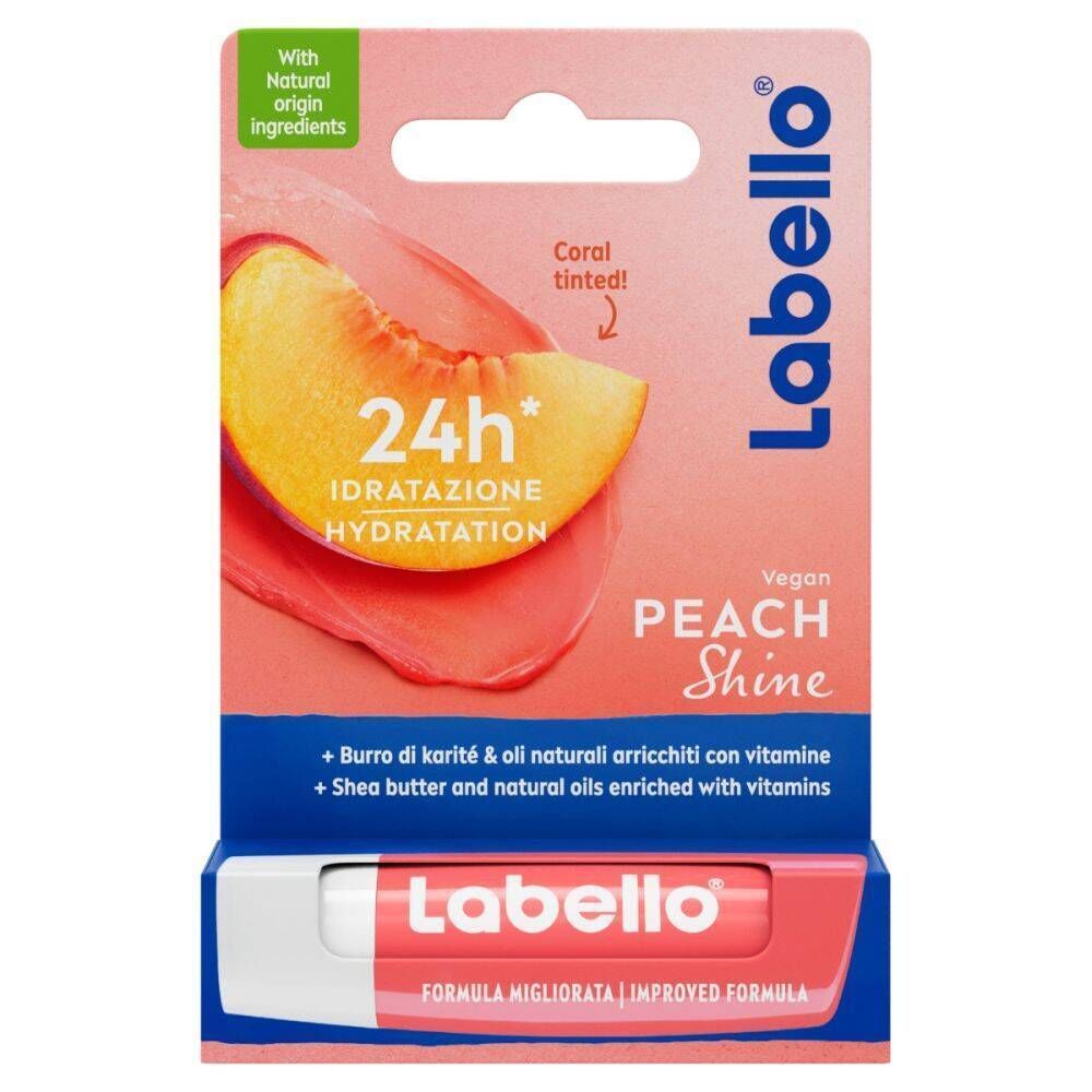 Emballage avec Labello® Peach Shine. Produit et emballage roses et blancs. Inscription : Labello, Peach Shine.