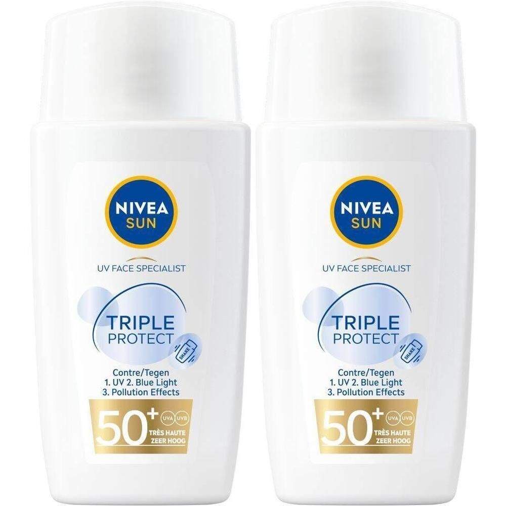 Deux flacons blancs avec logo bleu Nivea Sun et texte Triple Protect SPF50+. Protège contre les UV, la lumière bleue et la pollution.