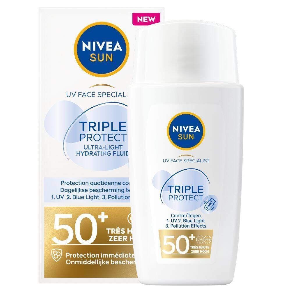 Witte flacon en verpakking met blauw Nivea Sun-logo en Triple Protect SPF50+. Beschermt tegen UV, blauw licht en vervuiling.