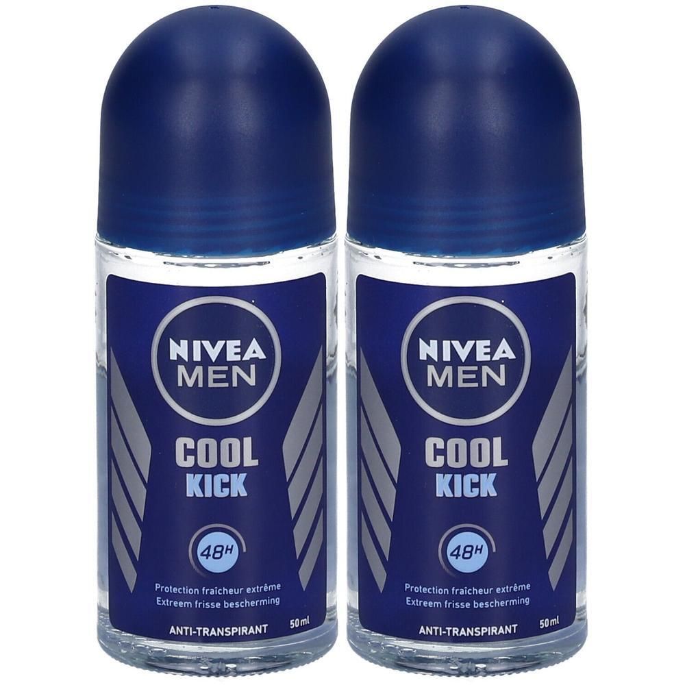 Deux déodorants roll-on. Bouchon bleu, flacon transparent. Inscription : NIVEA MEN COOL KICK, 48H, Anti-transpirant.