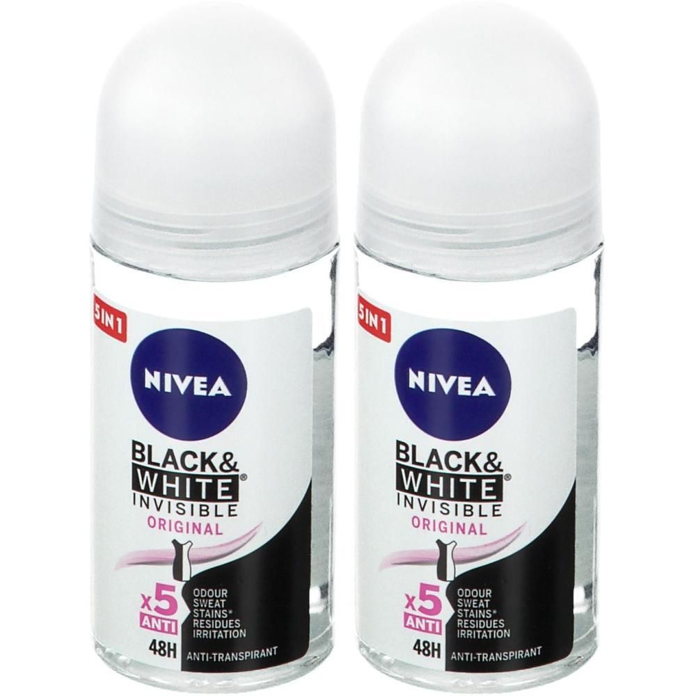 Twee roll-on deodorants. Opschrift: NIVEA BLACK & WHITE INVISIBLE ORIGINAL. Witte dop, transparante fles. Anti-transpirant.